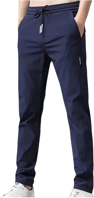 RKSTN Mens Fashion Spring Summer Pants with Pockets Drawstring Elastic Waist Trousers Slim Ice Silk Casual Long Pant
