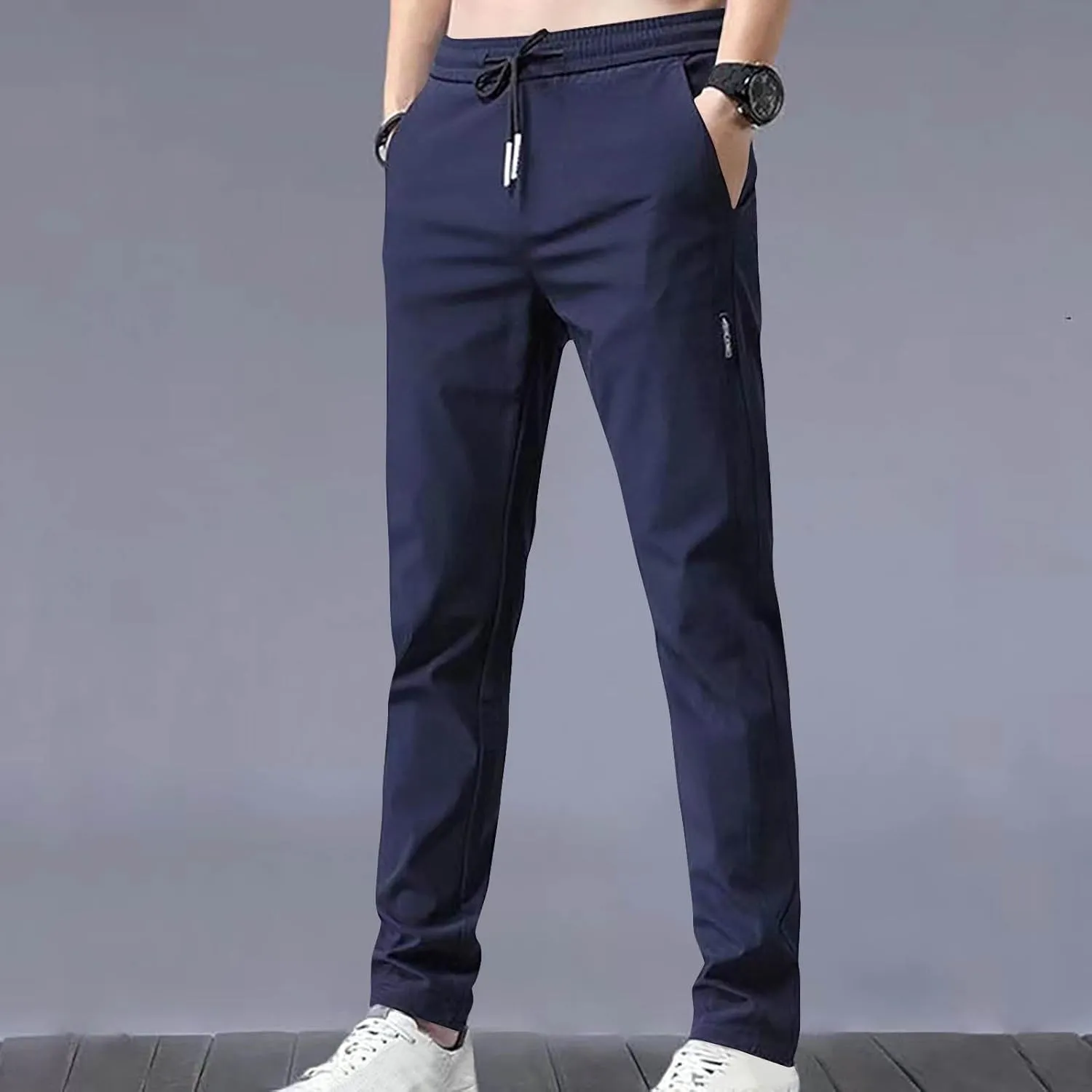 RKSTN Mens Fashion Spring Summer Pants with Pockets Drawstring Elastic Waist Trousers Slim Ice Silk Casual Long Pant
