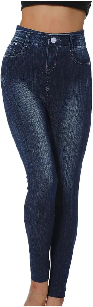 Seamless Jeggings for Women Tummy Control Pull On Stretchy Faux Jeans High Waisted Skinny Denim Leggings Trendy