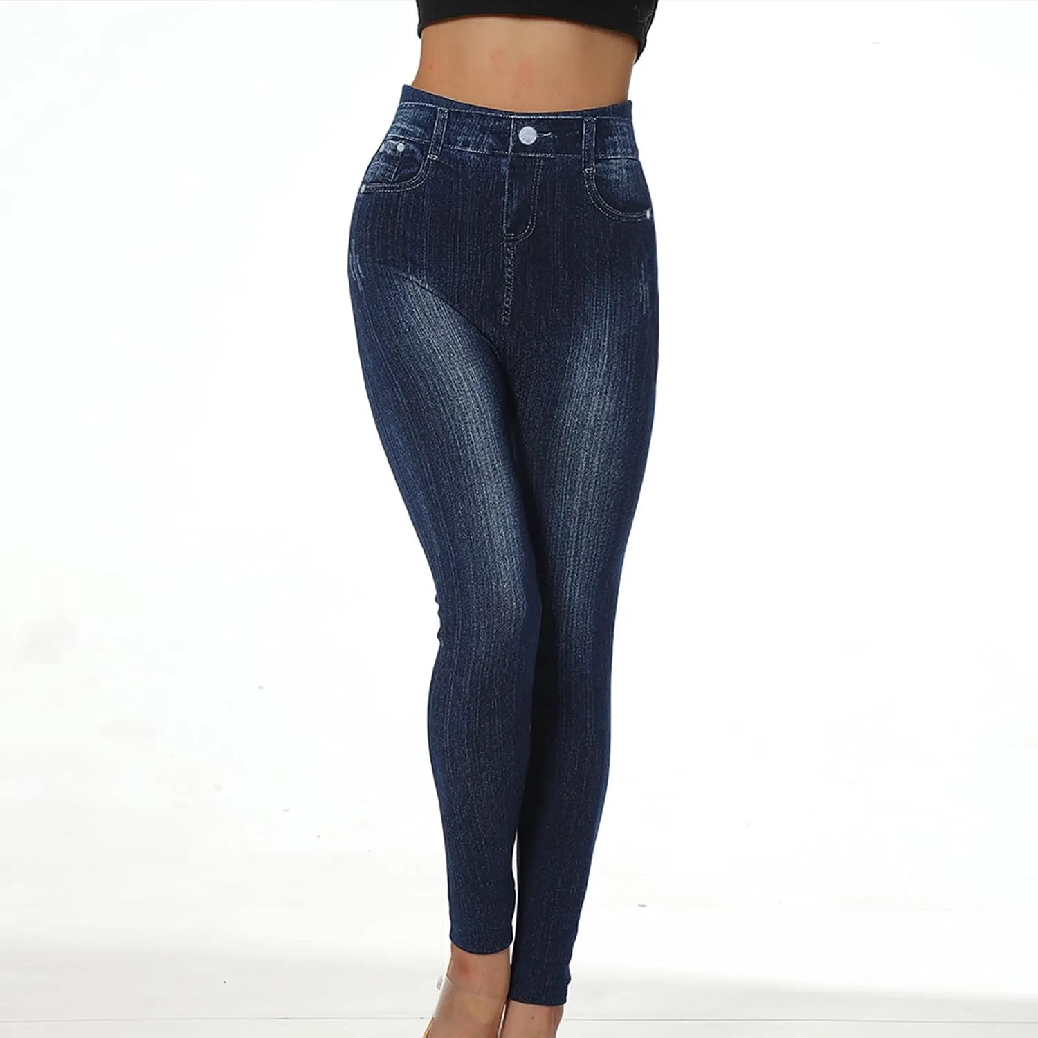 Seamless Jeggings for Women Tummy Control Pull On Stretchy Faux Jeans High Waisted Skinny Denim Leggings Trendy