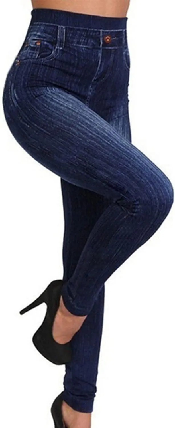 Seamless Jeggings for Women Tummy Control Pull On Stretchy Faux Jeans High Waisted Skinny Denim Leggings Trendy