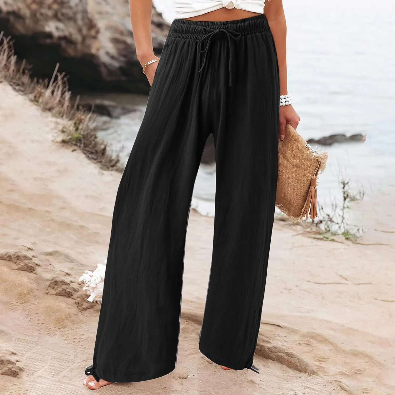 SHAOBGE Linen Pants Women Comfy Flowy Wide Leg Pants Trousers Summer High Waisted Beach Palazzo Pants with Pockets 2024