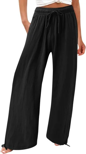 SHAOBGE Linen Pants Women Comfy Flowy Wide Leg Pants Trousers Summer High Waisted Beach Palazzo Pants with Pockets 2024