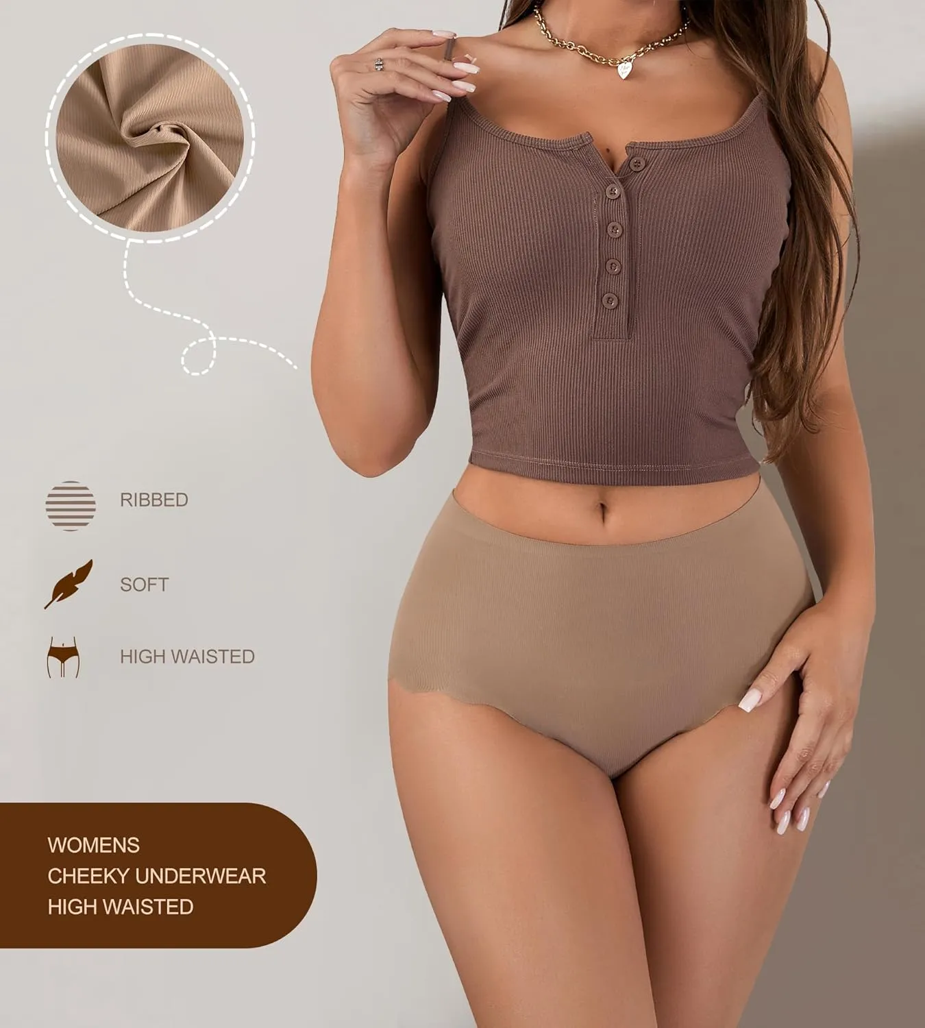 SHARICCA Seamless High Waisted Underwear for Women Cheeky Underwear Wave Edge No Show Bikini Panties Ribbed Panties Pack