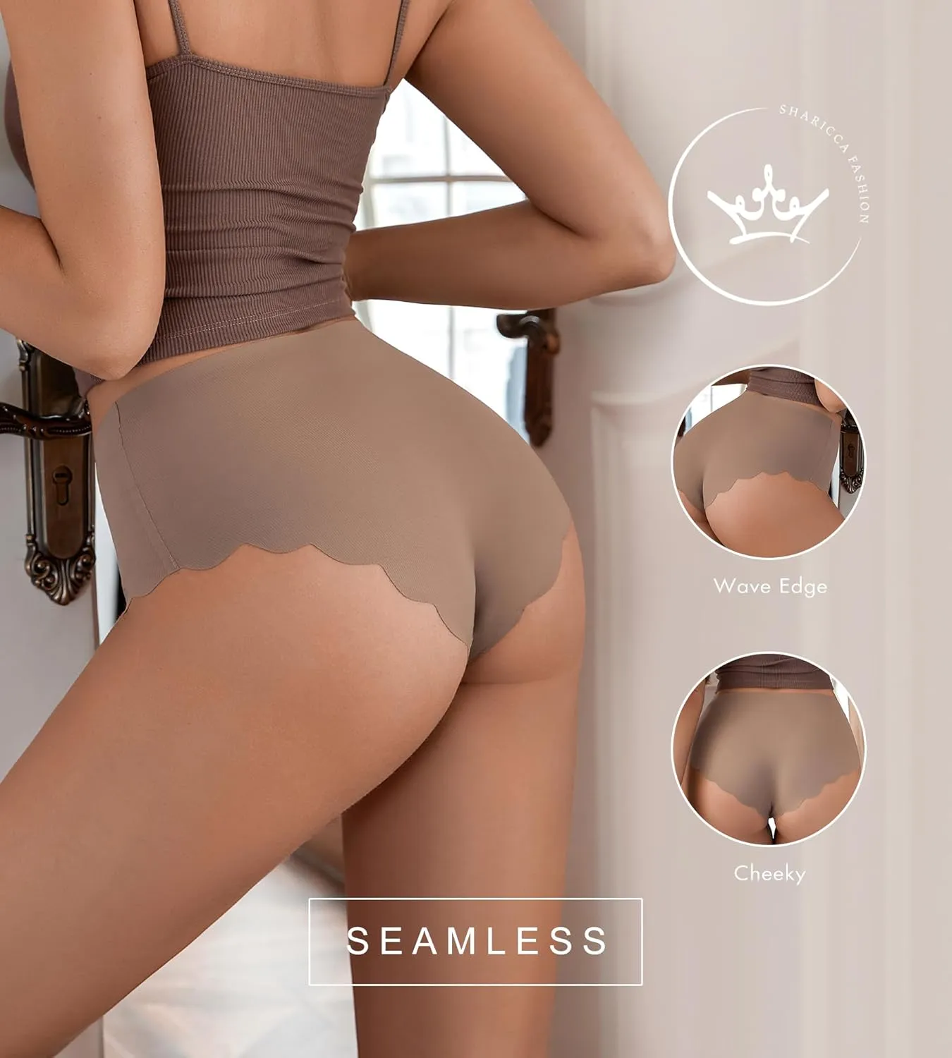 SHARICCA Seamless High Waisted Underwear for Women Cheeky Underwear Wave Edge No Show Bikini Panties Ribbed Panties Pack