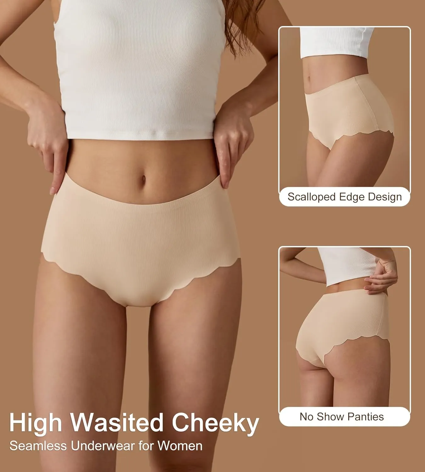 SHARICCA Seamless High Waisted Underwear for Women Cheeky Underwear Wave Edge No Show Bikini Panties Ribbed Panties Pack