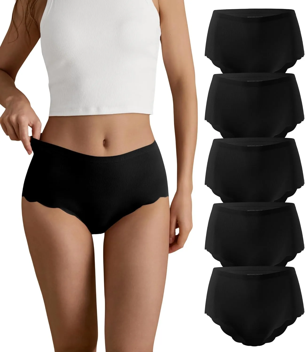 SHARICCA Seamless High Waisted Underwear for Women Cheeky Underwear Wave Edge No Show Bikini Panties Ribbed Panties Pack