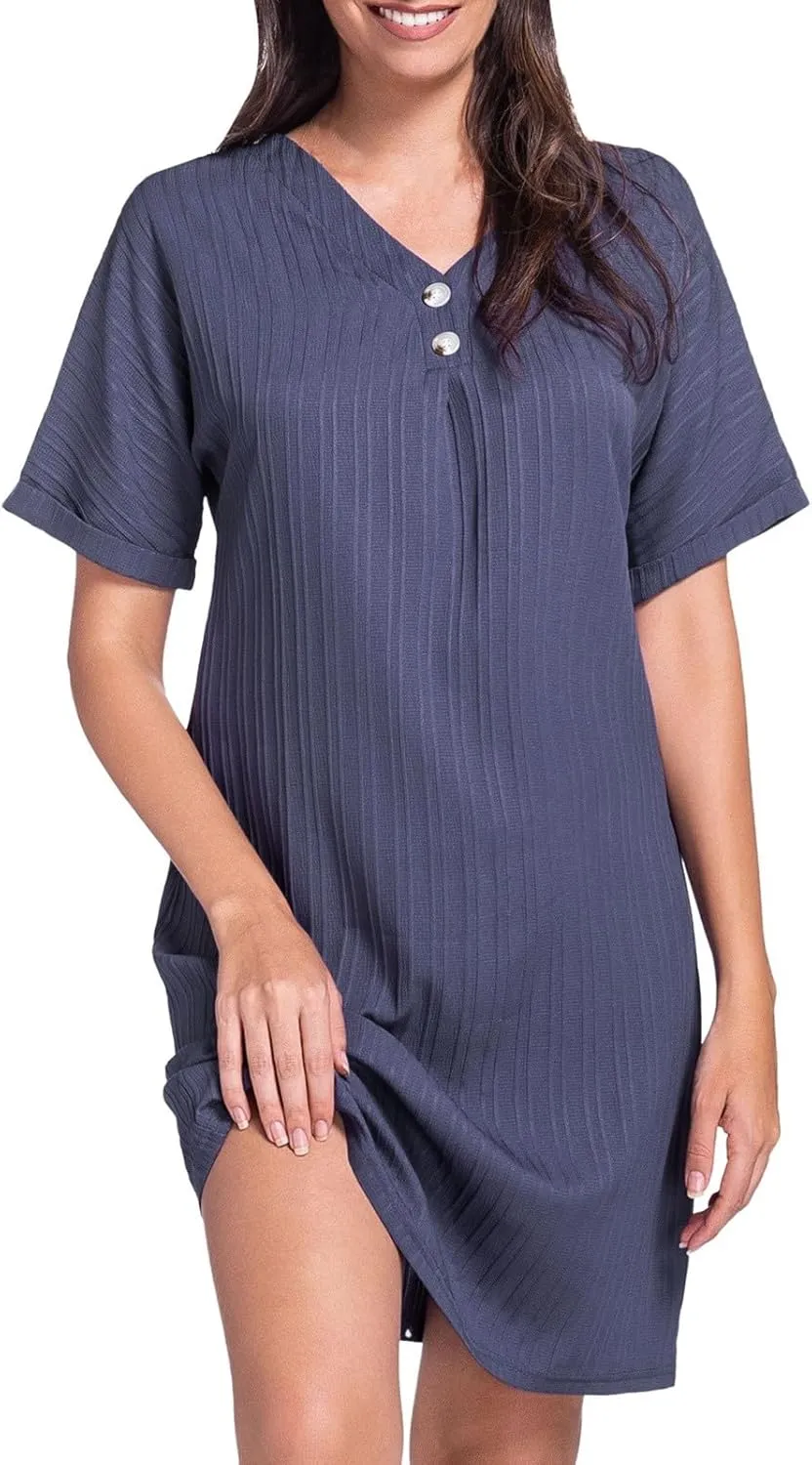 Shift Dresses for Women 2025 Trendy Dressy Texture Button V Neck Business Work Dress with Sleeves Beach Vacation Clothes