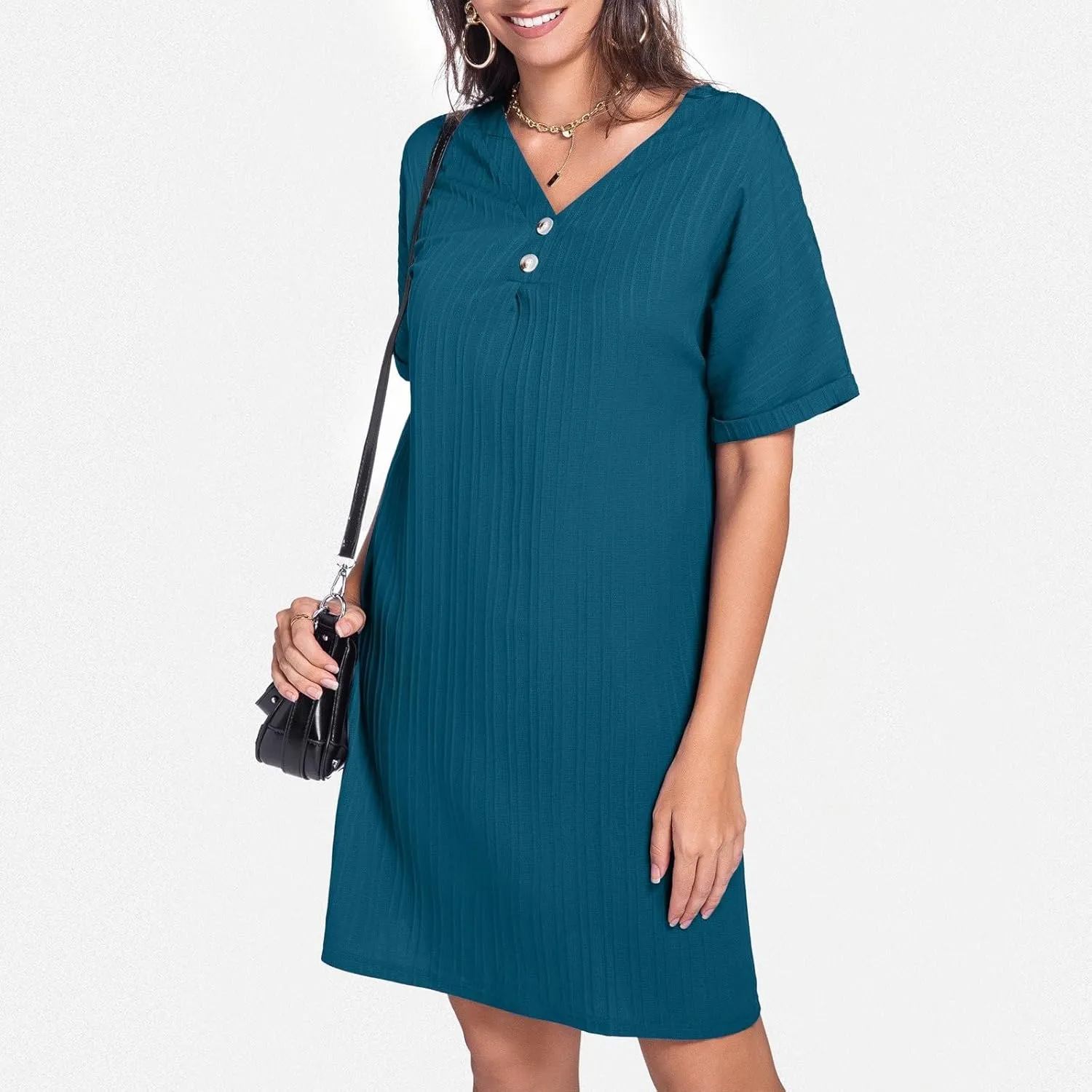 Shift Dresses for Women 2025 Trendy Dressy Texture Button V Neck Business Work Dress with Sleeves Beach Vacation Clothes