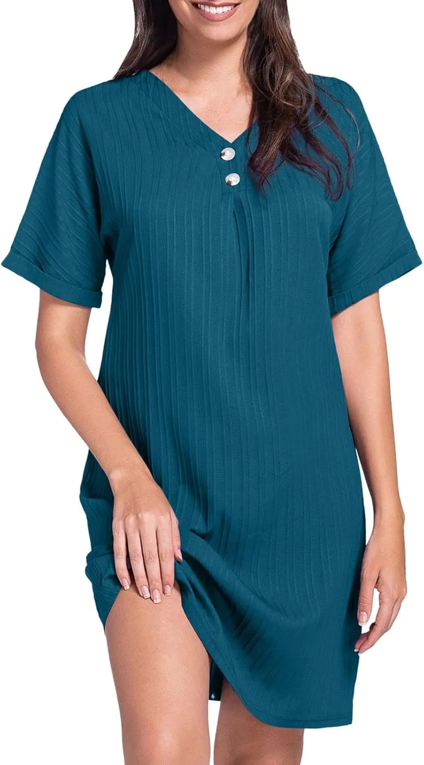 Shift Dresses for Women 2025 Trendy Dressy Texture Button V Neck Business Work Dress with Sleeves Beach Vacation Clothes