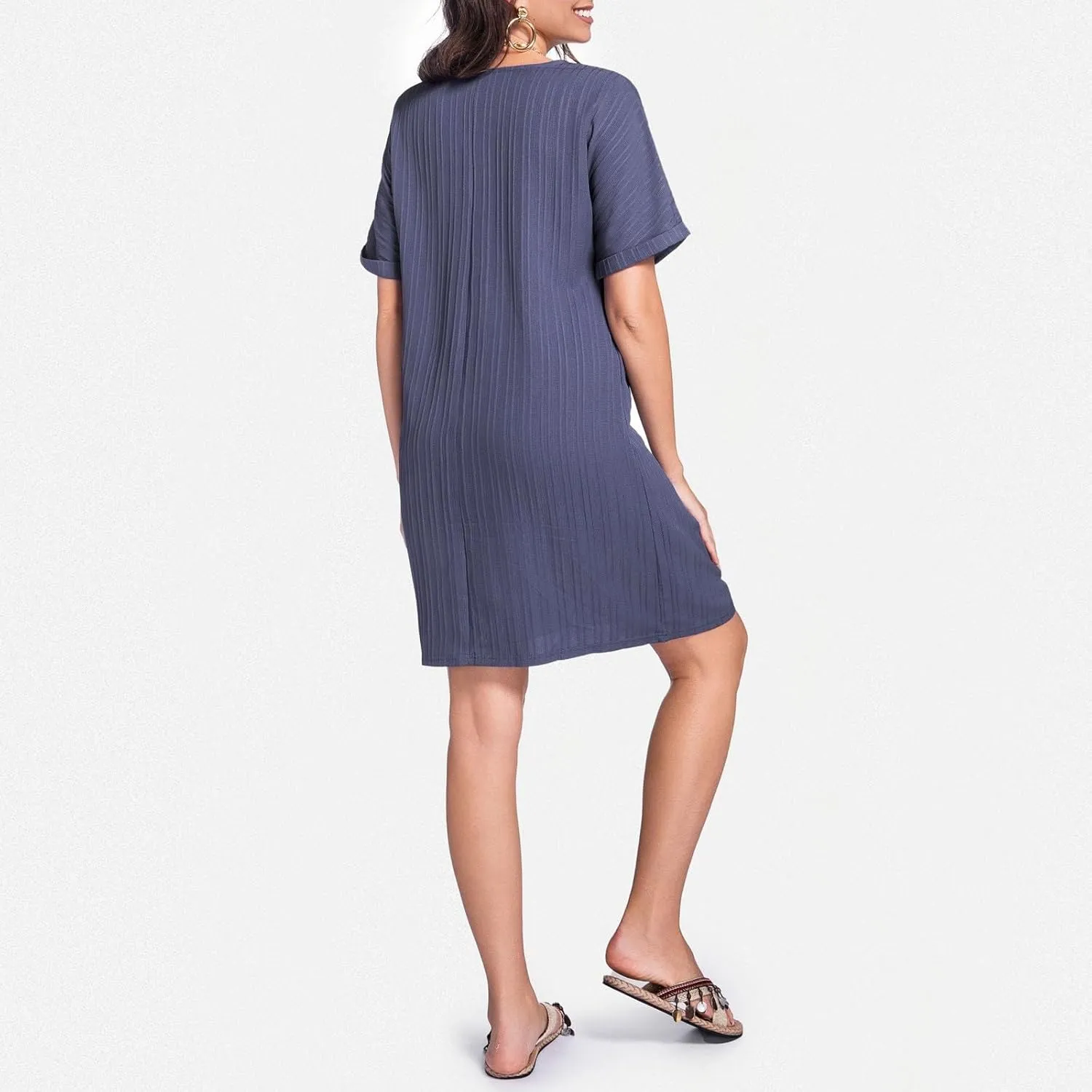 Shift Dresses for Women 2025 Trendy Dressy Texture Button V Neck Business Work Dress with Sleeves Beach Vacation Clothes