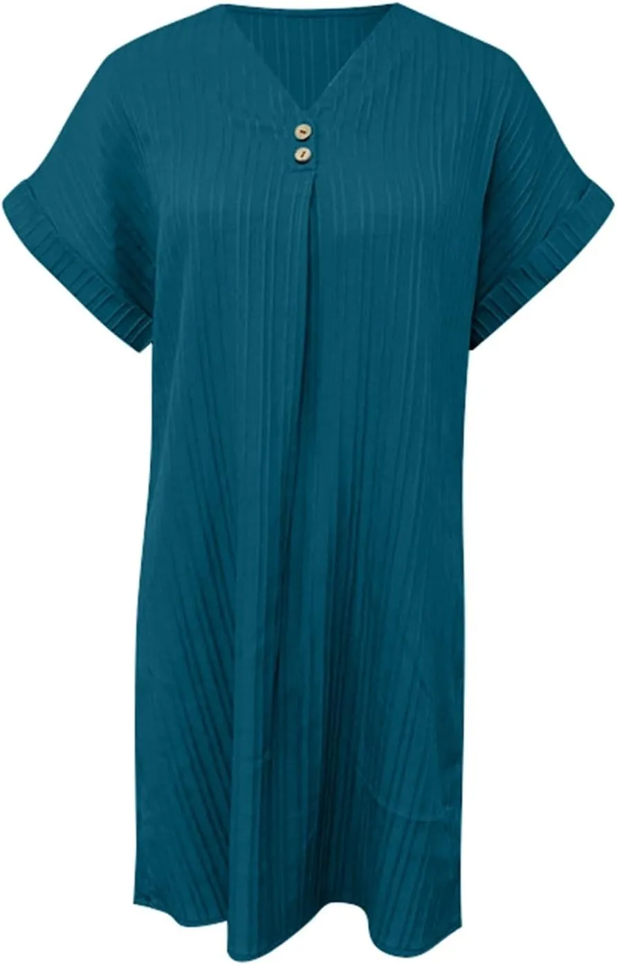 Shift Dresses for Women 2025 Trendy Dressy Texture Button V Neck Business Work Dress with Sleeves Beach Vacation Clothes