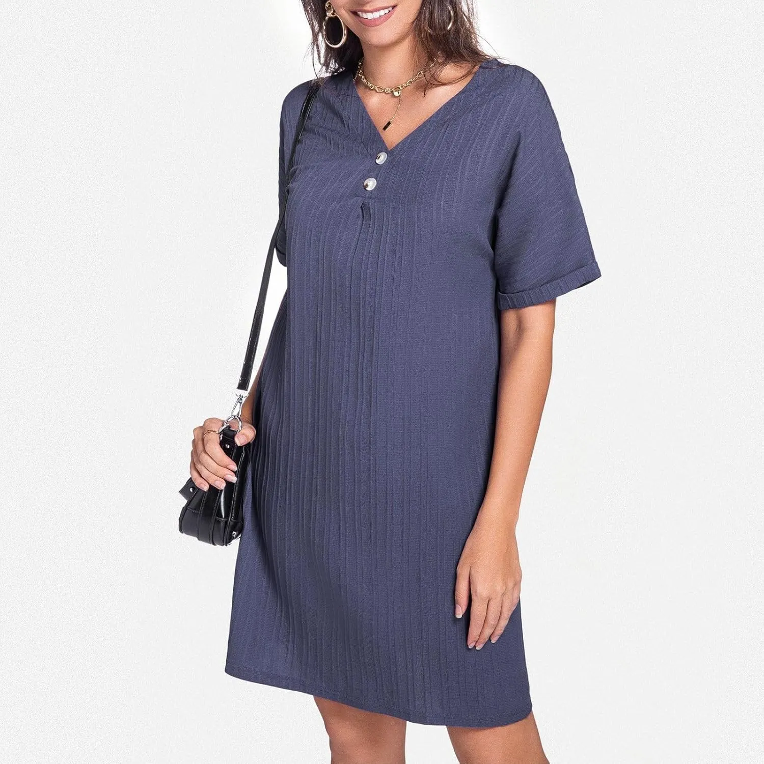 Shift Dresses for Women 2025 Trendy Dressy Texture Button V Neck Business Work Dress with Sleeves Beach Vacation Clothes