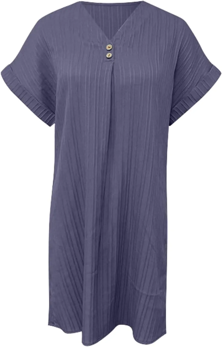 Shift Dresses for Women 2025 Trendy Dressy Texture Button V Neck Business Work Dress with Sleeves Beach Vacation Clothes