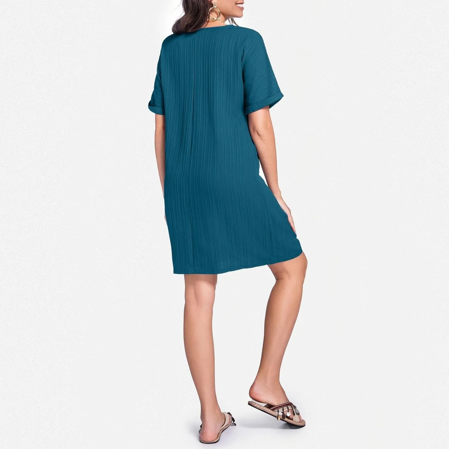 Shift Dresses for Women 2025 Trendy Dressy Texture Button V Neck Business Work Dress with Sleeves Beach Vacation Clothes