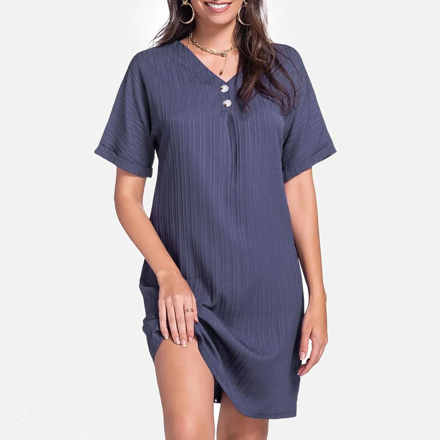 Shift Dresses for Women 2025 Trendy Dressy Texture Button V Neck Business Work Dress with Sleeves Beach Vacation Clothes