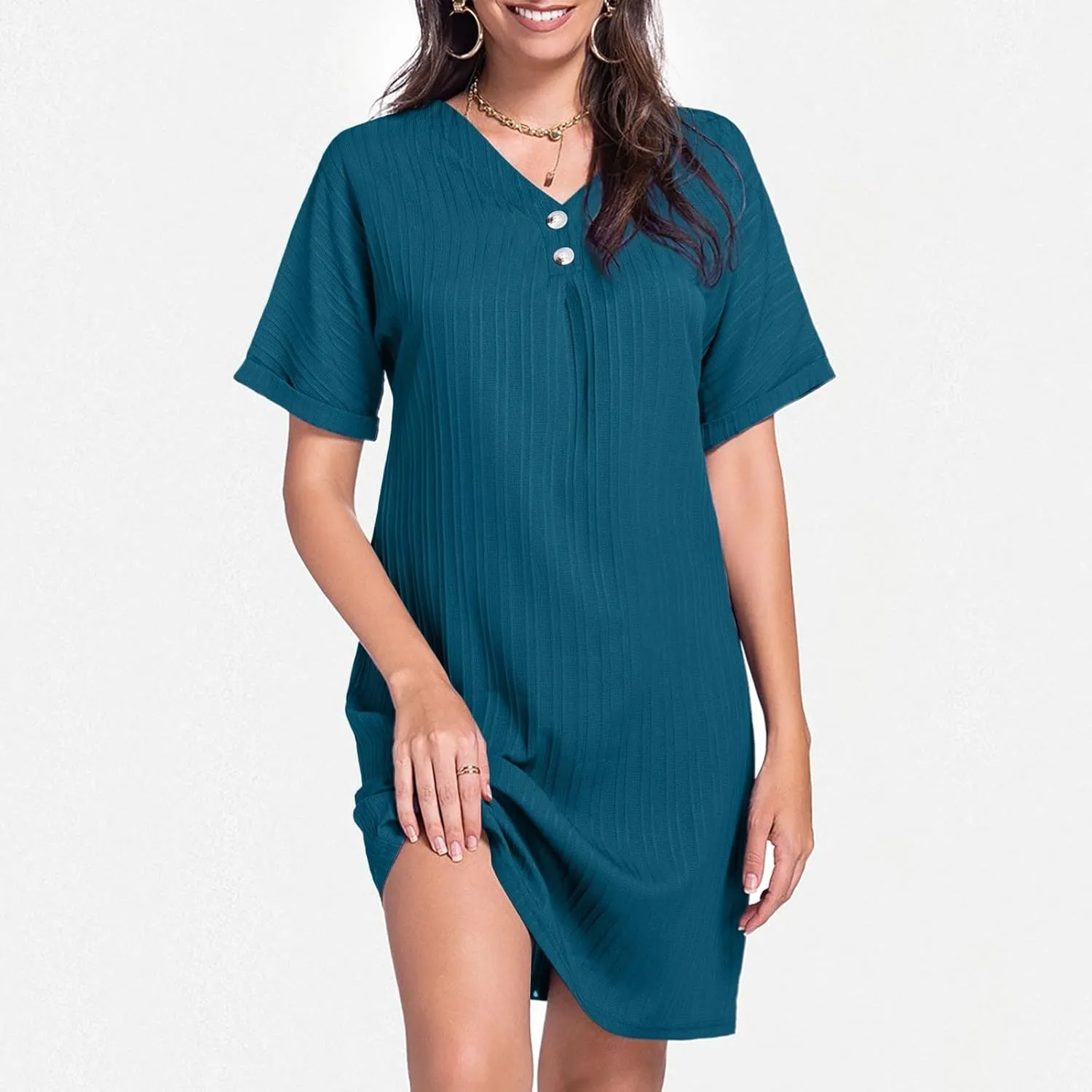 Shift Dresses for Women 2025 Trendy Dressy Texture Button V Neck Business Work Dress with Sleeves Beach Vacation Clothes