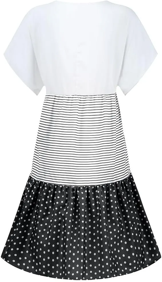 Shirt Dresses for Women Summer Color Block Patchwork Knee V Neck Length Graduation Dress with Sleeves Girls Night Out Outfits