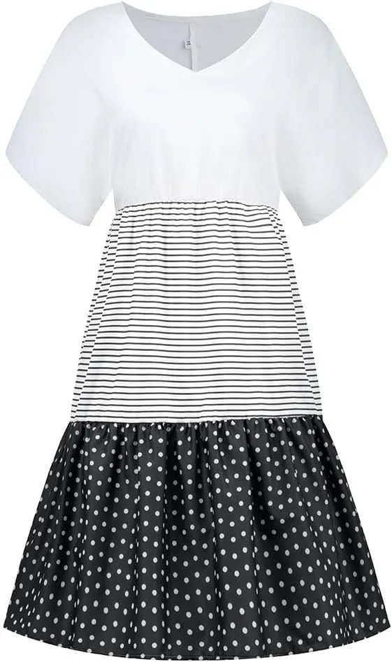 Shirt Dresses for Women Summer Color Block Patchwork Knee V Neck Length Graduation Dress with Sleeves Girls Night Out Outfits