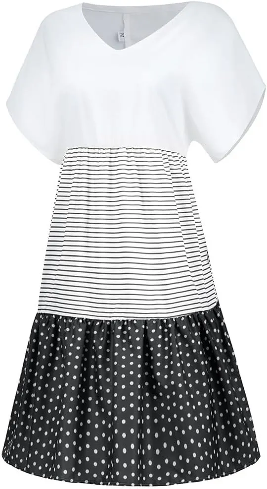 Shirt Dresses for Women Summer Color Block Patchwork Knee V Neck Length Graduation Dress with Sleeves Girls Night Out Outfits