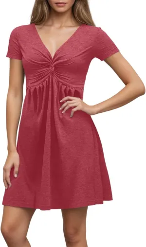 Short Shift Dresses for Women 2025 Boho Cotton Short Sleeve V Neck T Shirt Dress Comfy Wedding Guest Country Concert Outfits