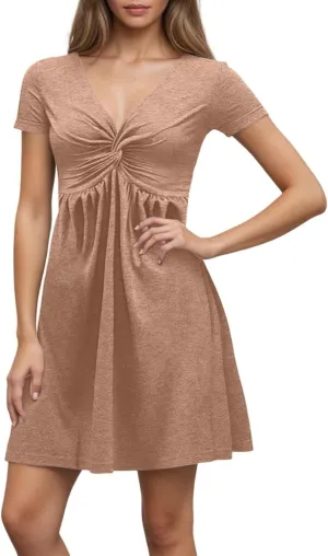 Short Shift Dresses for Women 2025 Boho Cotton Short Sleeve V Neck T Shirt Dress Comfy Wedding Guest Country Concert Outfits