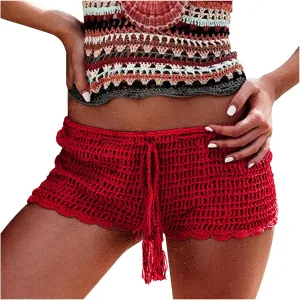 Short Shorts for Women Casual Knitted Crochet Comfort Elastic Waist Solid Color Hollow Out Summer Lounge Shorts Pants