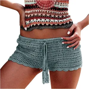 Short Shorts for Women Casual Knitted Crochet Comfort Elastic Waist Solid Color Hollow Out Summer Lounge Shorts Pants