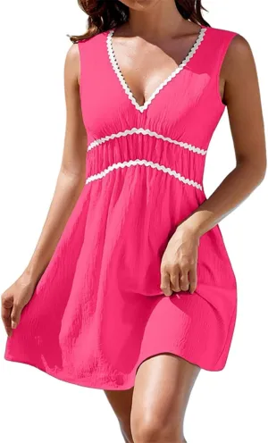 Short Sun Dresses Women Summer Holiday Deep V Neck Sleeveless Elastic Waist A Line Corset Dress Sexy Spring Break Clothes