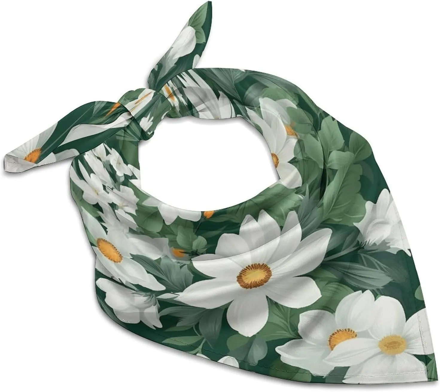 Silk Like Head Scarf for Women Satin Green Leaves And White Flowers Large Hair Scarves Square Satin Head Scarf Neckerchief for Women Headwear Stylish Headband 18 × 18 Inches