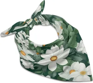 Silk Like Head Scarf for Women Satin Green Leaves And White Flowers Large Hair Scarves Square Satin Head Scarf Neckerchief for Women Headwear Stylish Headband 18 × 18 Inches