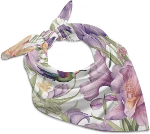 Silk Like Head Scarf for Women Satin Hummingbirds Irises Flowers Large Hair Scarves Square Satin Head Scarf Neckerchief for Women Headwear Stylish Headband 18 × 18 Inches