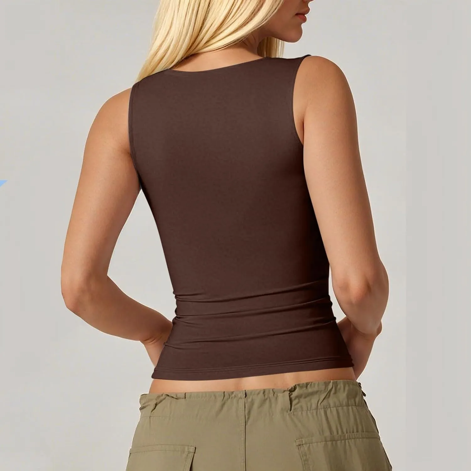 Square Neck Tank Top Women Sleeveless Double-Layer Camisole Basic Tight T Shirts Cropped Yoga Shapewear