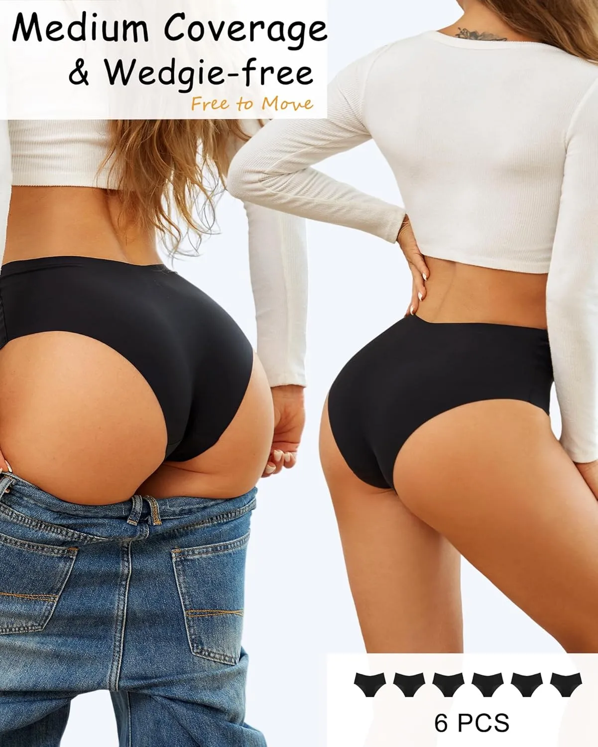 Sth Big High Waisted Seamless Underwear for Women No Show Panties Cheeky Scalloped Edge Bikini Breathable Briefs 6 Pack