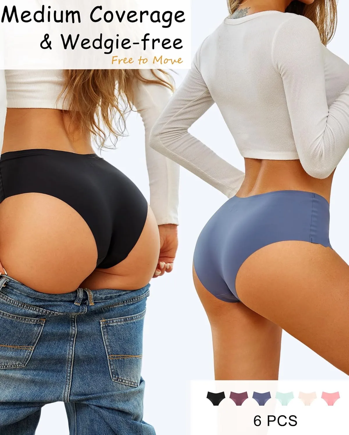 Sth Big High Waisted Seamless Underwear for Women No Show Panties Cheeky Scalloped Edge Bikini Breathable Briefs 6 Pack