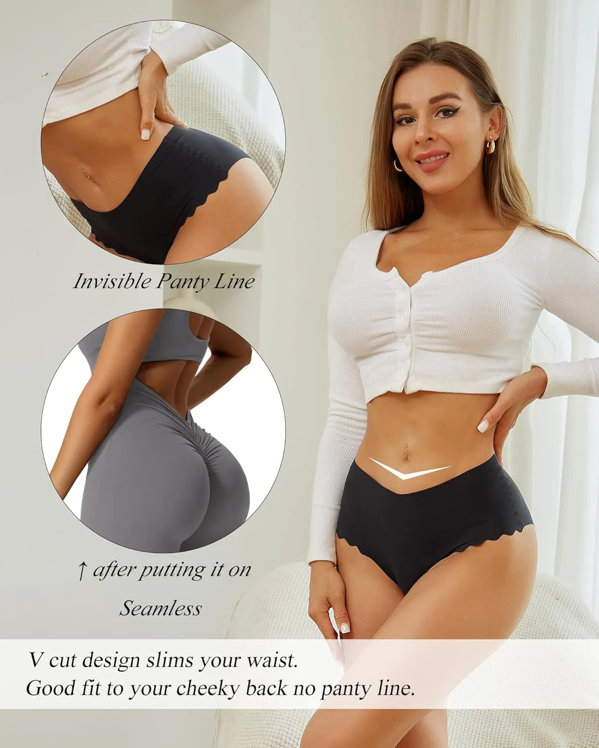 Sth Big High Waisted Seamless Underwear for Women No Show Panties Cheeky Scalloped Edge Bikini Breathable Briefs 6 Pack