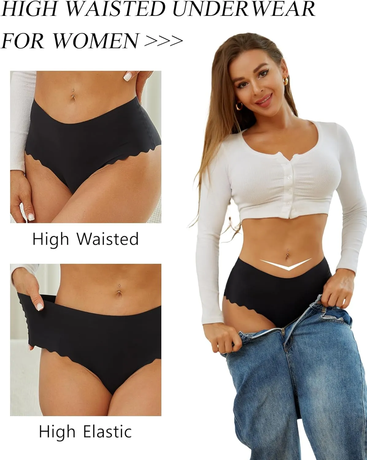 Sth Big High Waisted Seamless Underwear for Women No Show Panties Cheeky Scalloped Edge Bikini Breathable Briefs 6 Pack