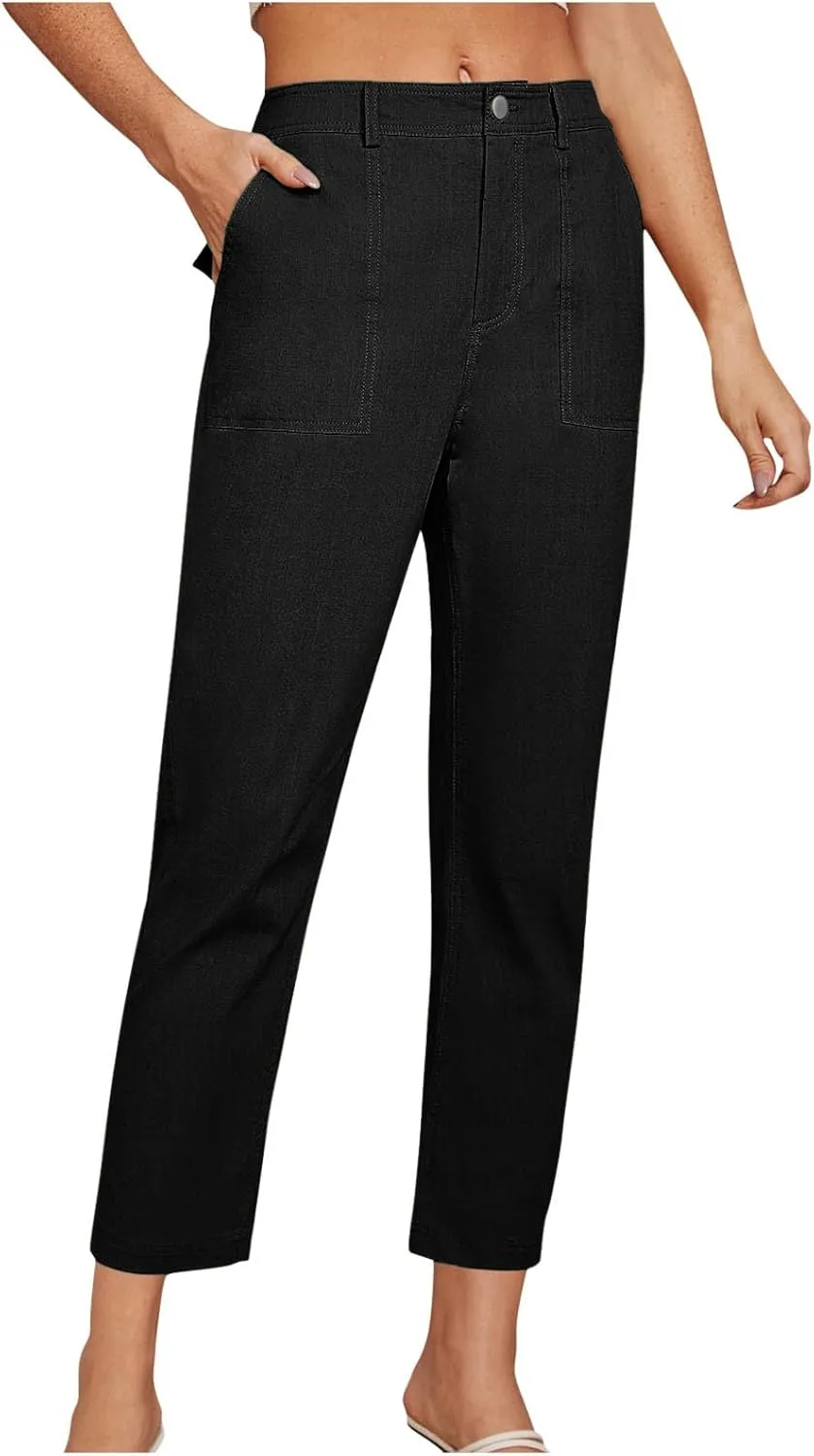Straight Dress Pants for Women Casual Fashion Business Work Pant Summer Elastic Waist Tapered Trousers with Pockets