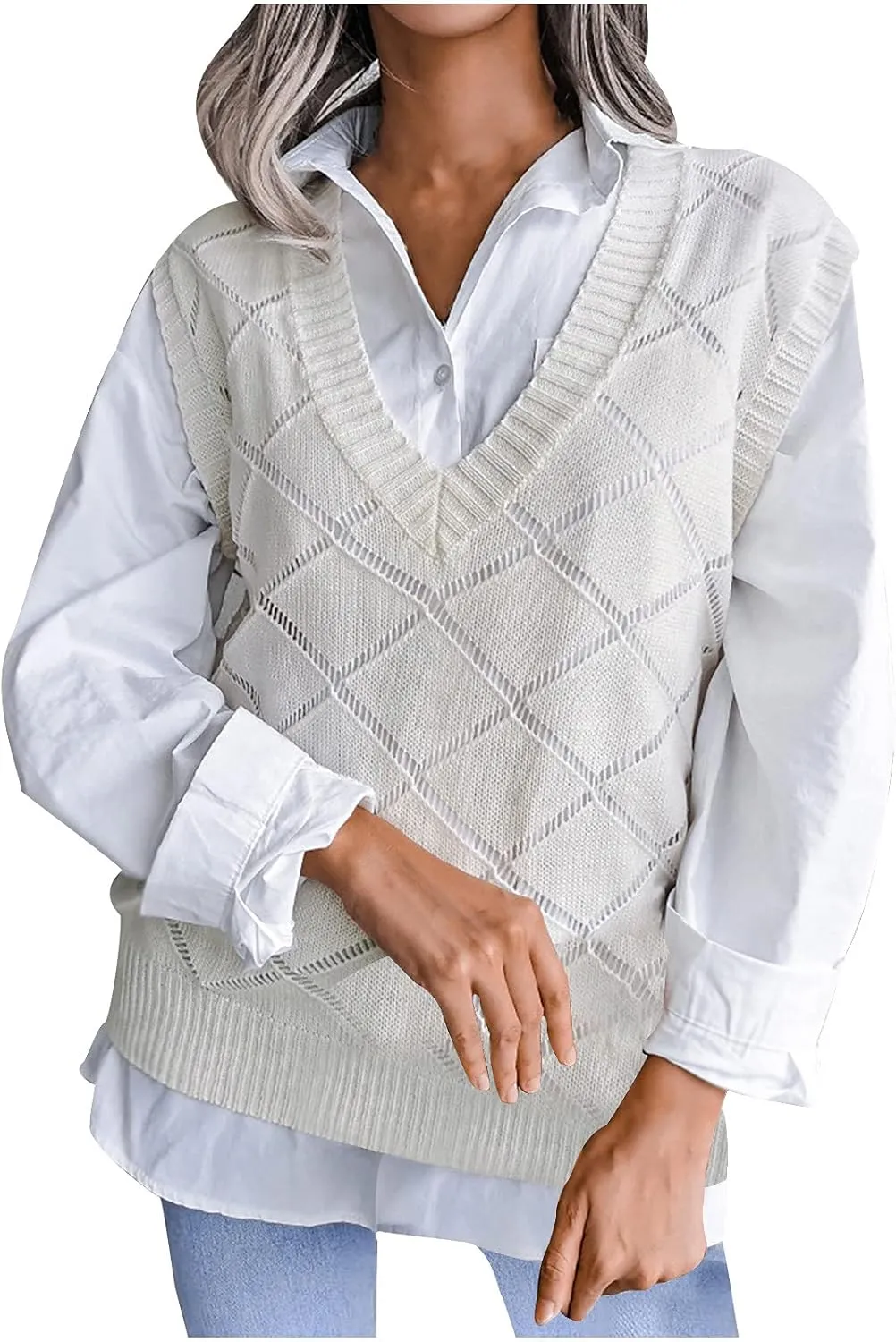 Striped Sweater Women Sleeveless V Neck Sweater Vest 2023 Fall Oversized Knit Pullover Sweaters Tank Jumper Tops