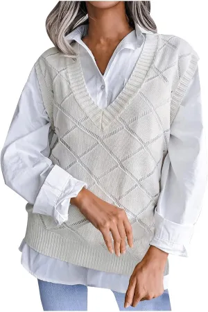Striped Sweater Women Sleeveless V Neck Sweater Vest 2023 Fall Oversized Knit Pullover Sweaters Tank Jumper Tops