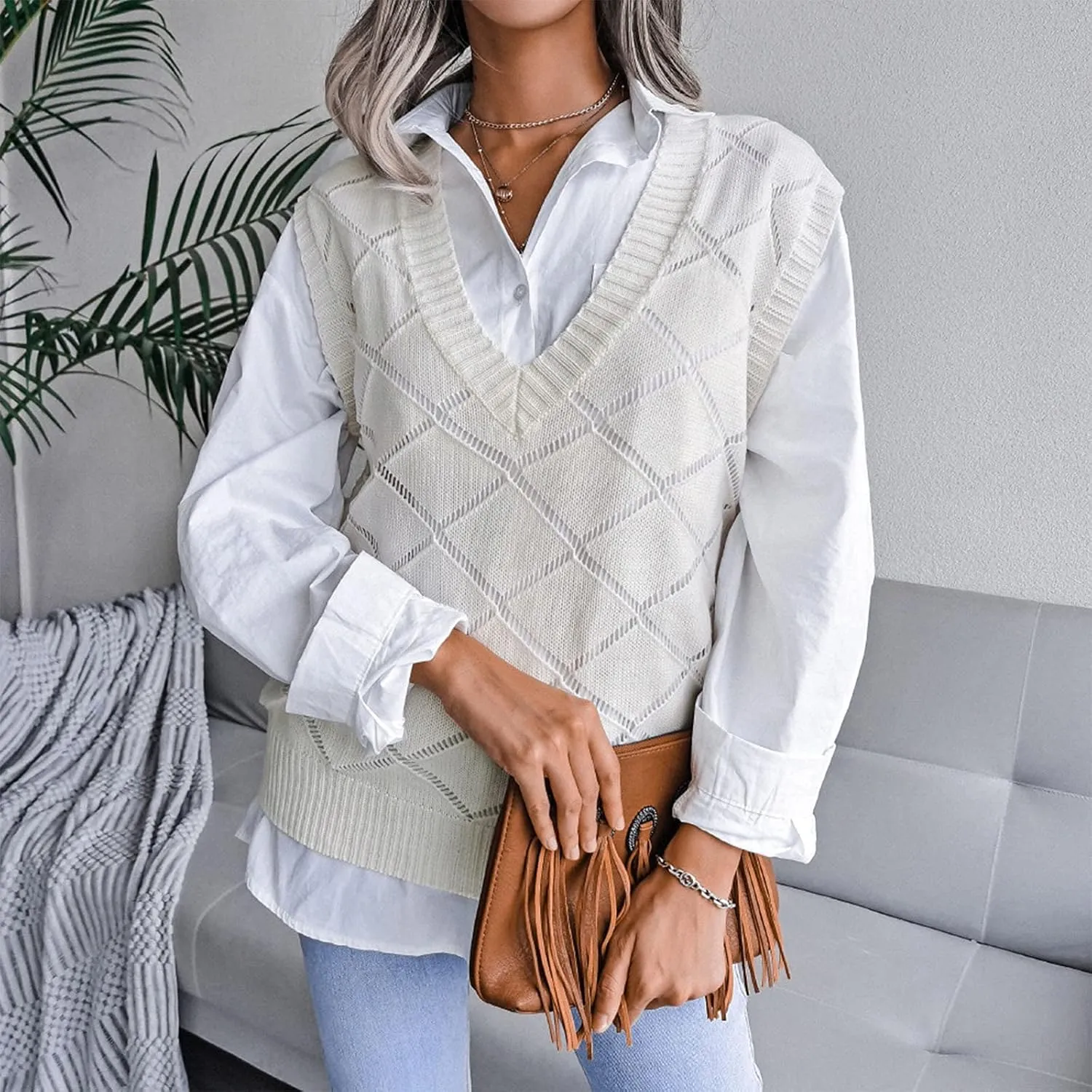 Striped Sweater Women Sleeveless V Neck Sweater Vest 2023 Fall Oversized Knit Pullover Sweaters Tank Jumper Tops
