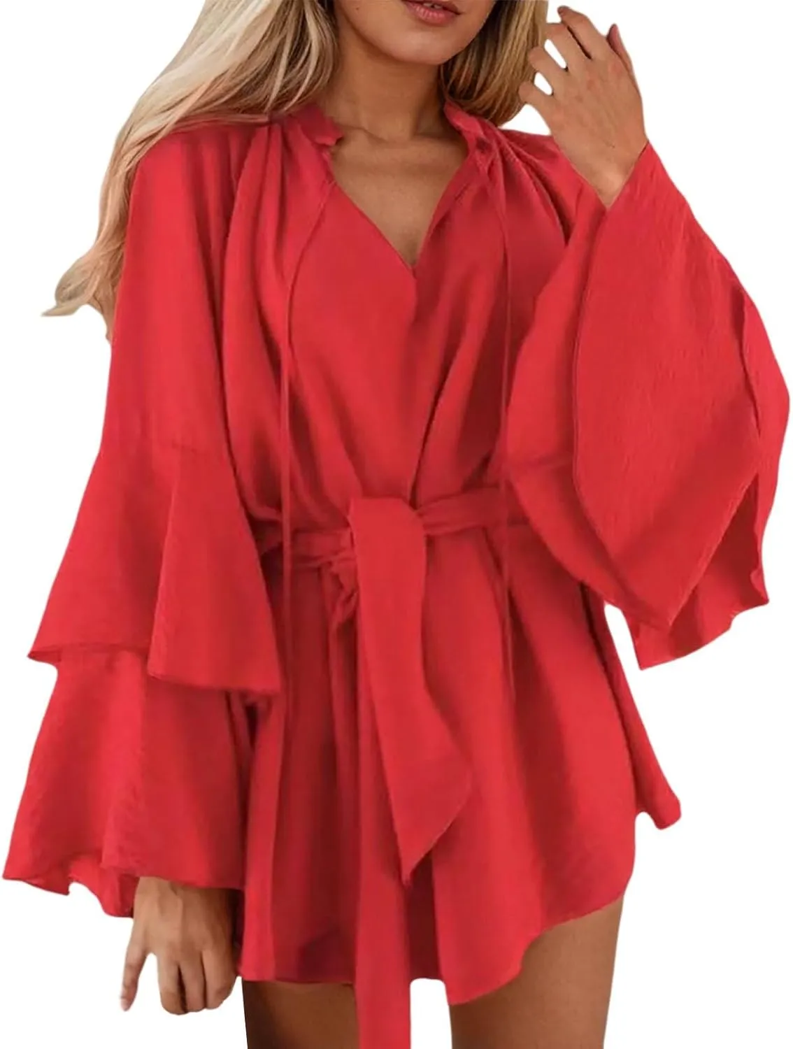 Summer Church Dresses for Women Cute Flowy Tiered Long Sleeve Tie Belt Shirt Mini Dress Petite Evening Party Beach Cover Ups