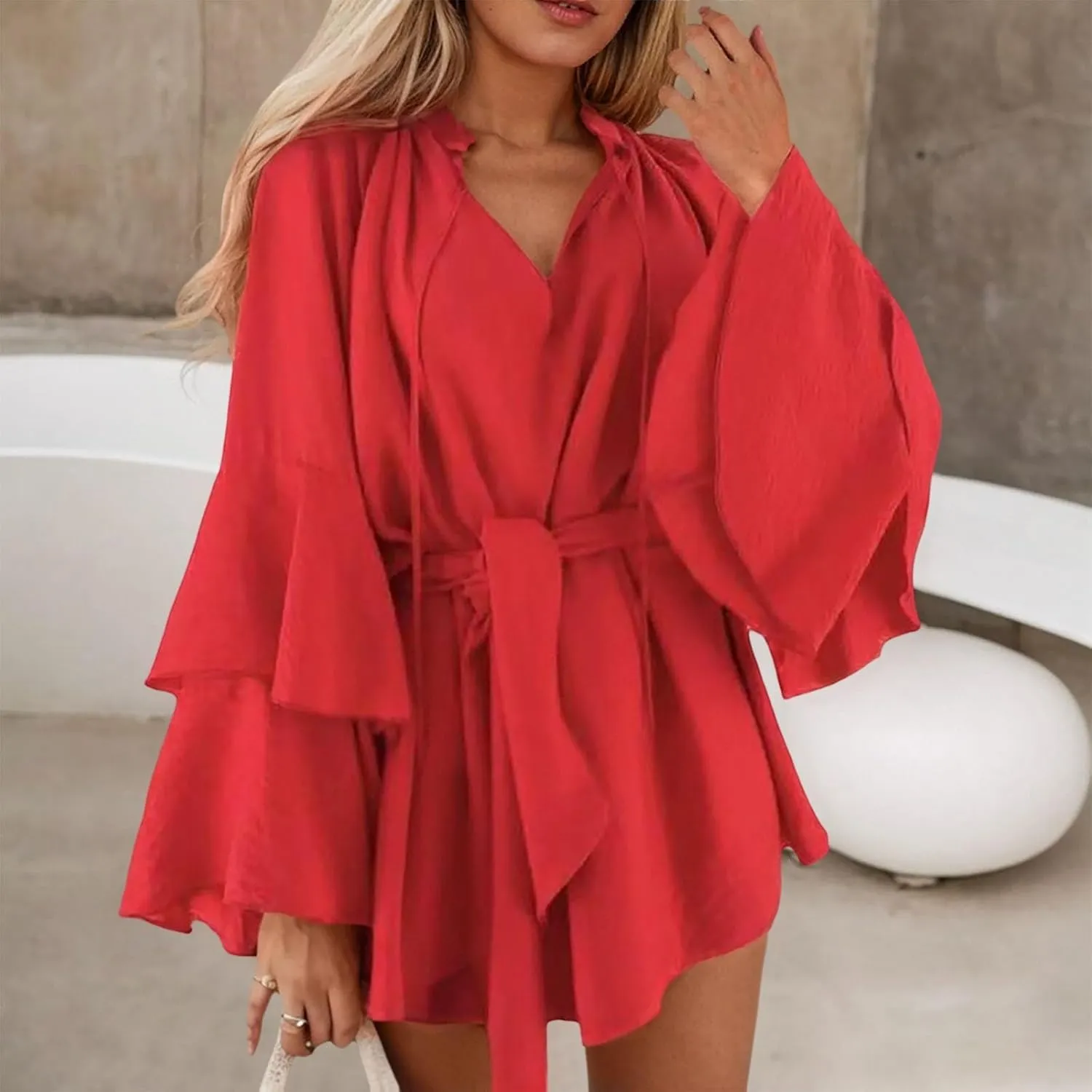 Summer Church Dresses for Women Cute Flowy Tiered Long Sleeve Tie Belt Shirt Mini Dress Petite Evening Party Beach Cover Ups