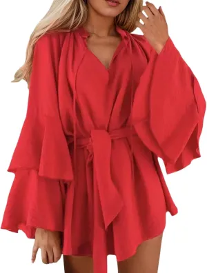 Summer Church Dresses for Women Cute Flowy Tiered Long Sleeve Tie Belt Shirt Mini Dress Petite Evening Party Beach Cover Ups