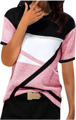 Summer New Geometric Pattern T Shirts for Women Casual Tops Crewneck Short Sleeve Tees Color Block Loose Blouses