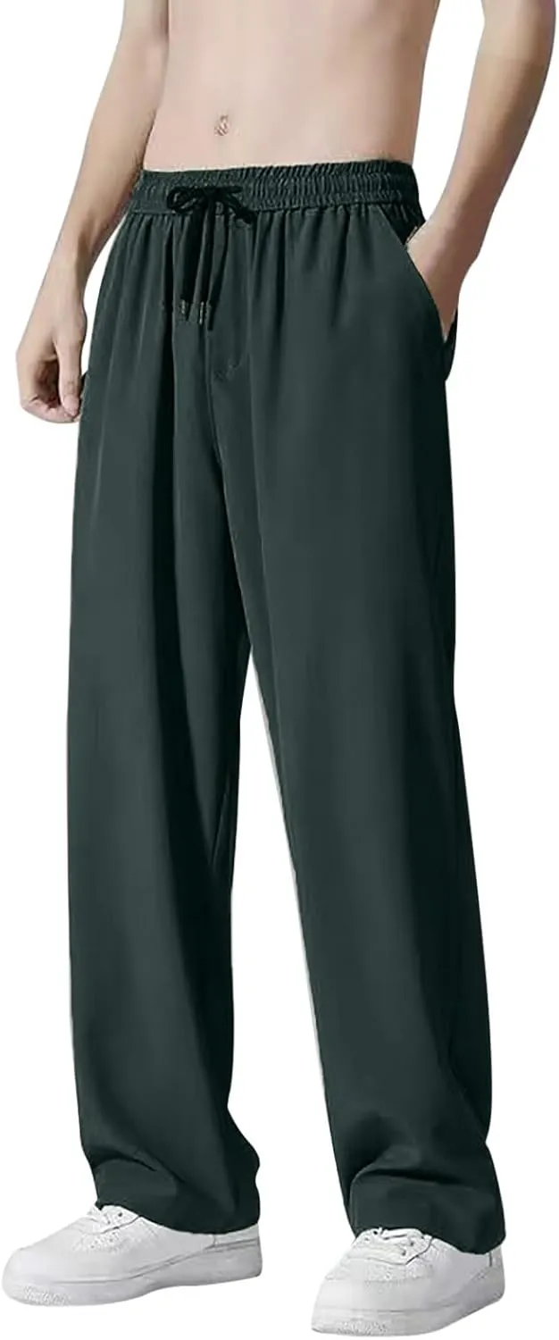 Summer Pants for Men Solid Color Elastic Waist Drawstring Pocket Wide Leg Breathable Loose Elasticity Fresh Trousers