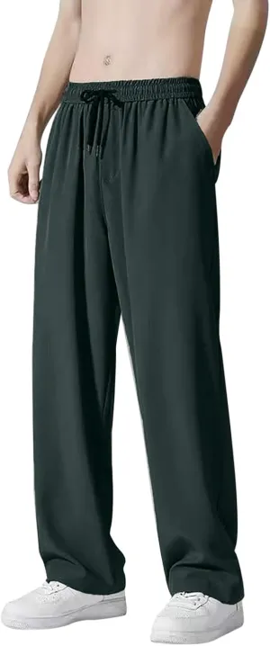 Summer Pants for Men Solid Color Elastic Waist Drawstring Pocket Wide Leg Breathable Loose Elasticity Fresh Trousers