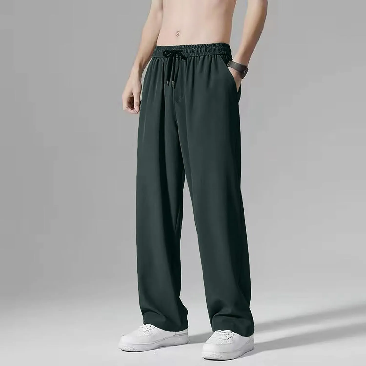 Summer Pants for Men Solid Color Elastic Waist Drawstring Pocket Wide Leg Breathable Loose Elasticity Fresh Trousers