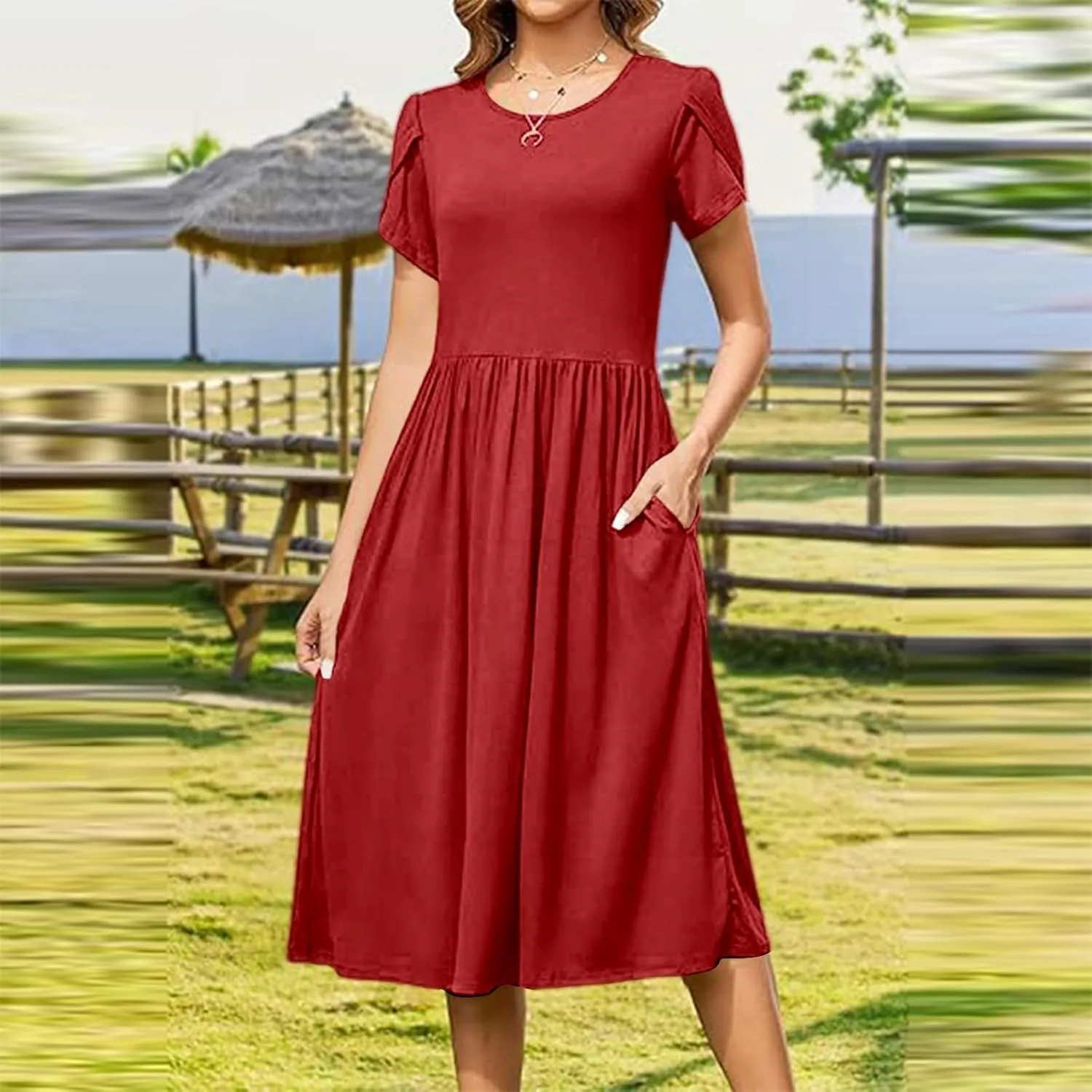 Summer Poplin Dress Women Vintage Pleated Drop Waist Going Out Dresses wtih Sleeves Solid Cruise Outfits for Women 2025