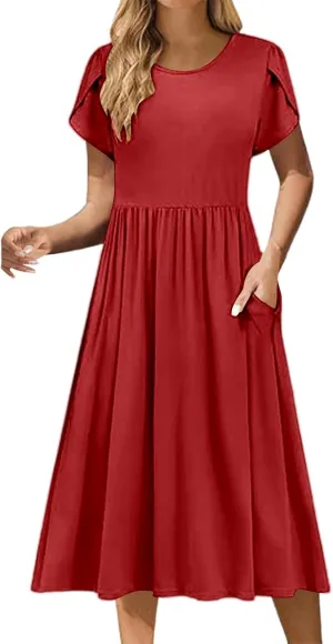 Summer Poplin Dress Women Vintage Pleated Drop Waist Going Out Dresses wtih Sleeves Solid Cruise Outfits for Women 2025
